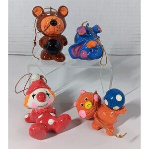 READ Vtg Plaster Christmas Ornament Lot Bear Clown Pig Elephant Chalkware Korea